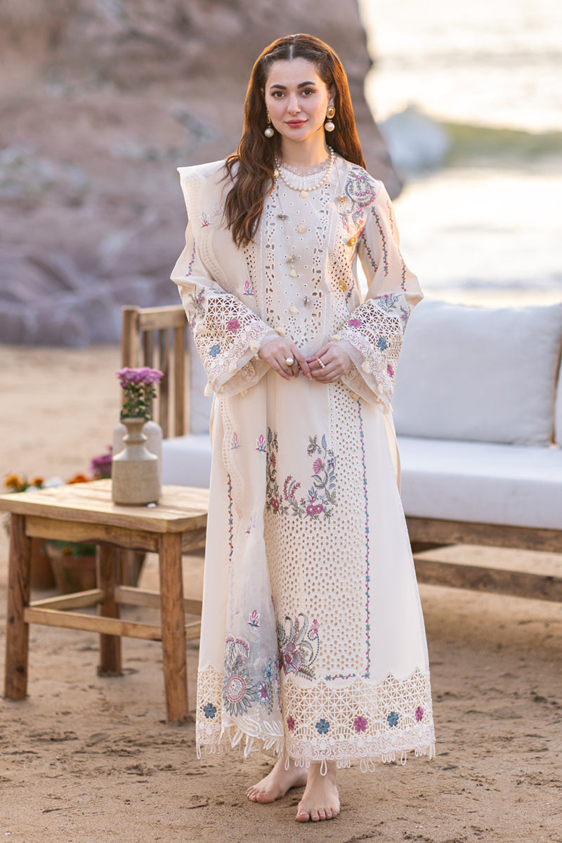 QALAMKAR -WHITE 3PC LAWN EMBROIDERED SHIRT WITH ORGANZA CUTWORK EMBROIDERED DUPATTA AND TROUSER - 455