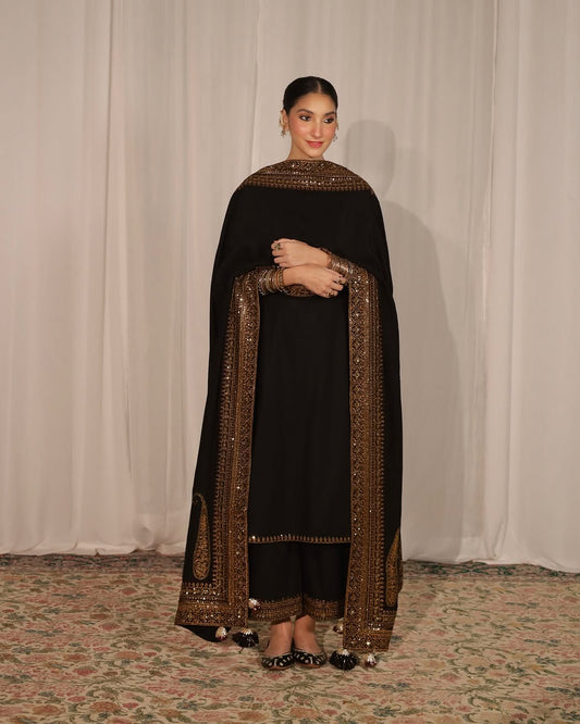 Black Mystique Dhanak  Unstitched  | 3-Piece Stitched Suit- 239