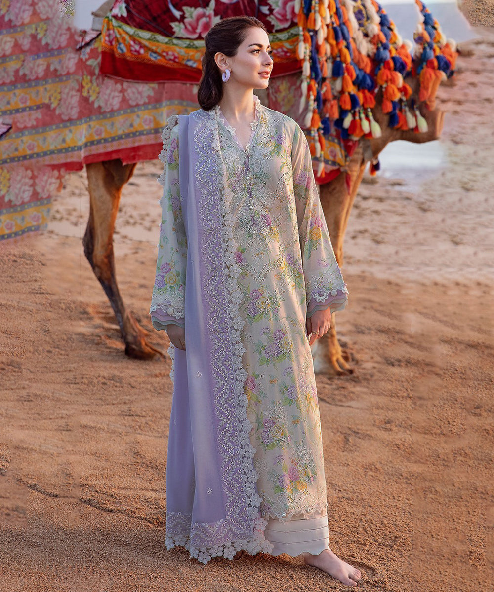 3PC-Printed Lawn Shirt With Voile Printed Dupatta-1544