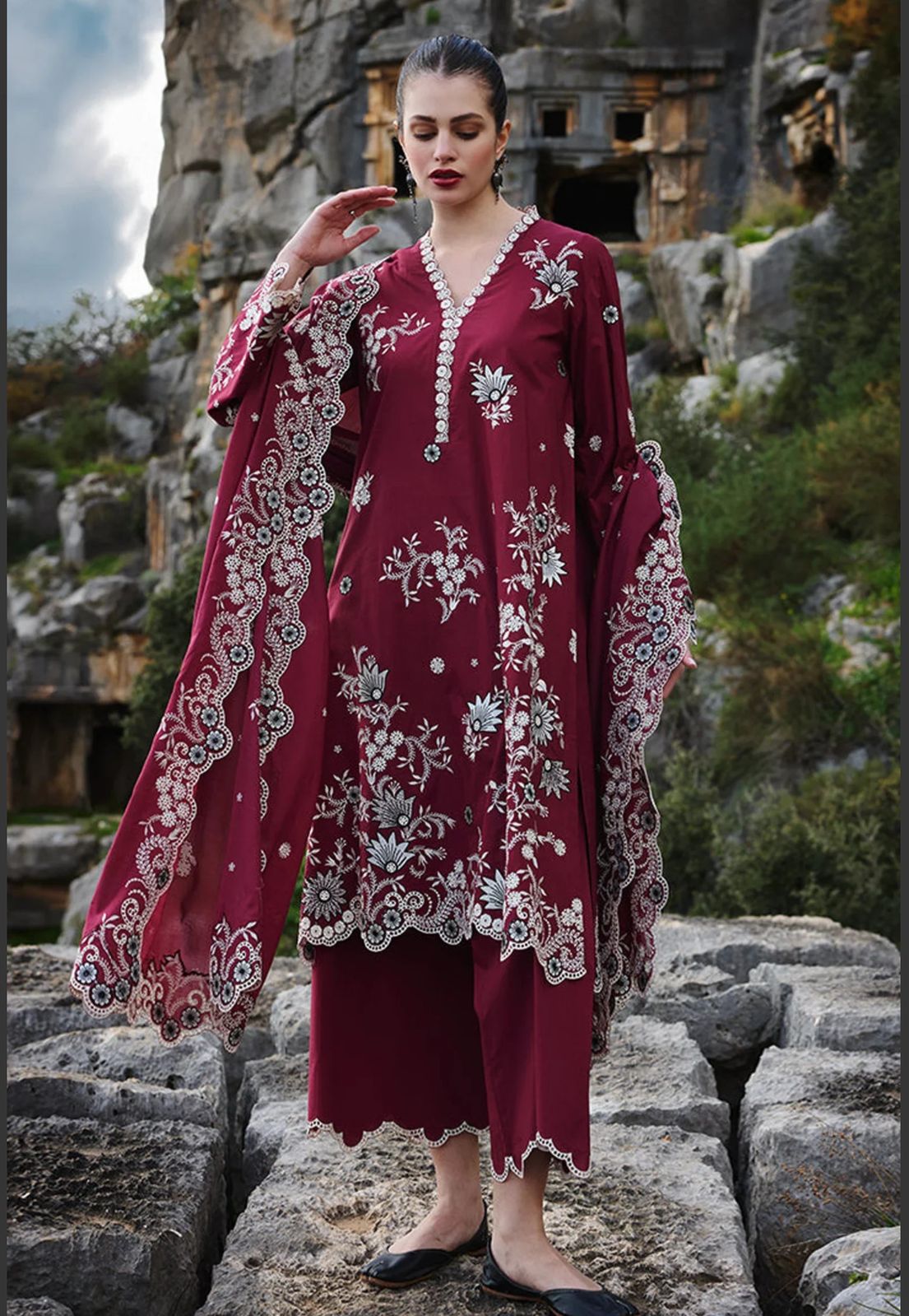 IMAGE-3PC LAWN EMBROIDERED SHIRT WITH MONARK EMBROIDERED DUAPATTA AND TROUSER-ADR-3715